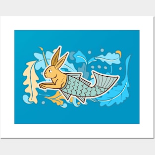 Cute Medieval Fish Rabbit Colorful Drawing Posters and Art